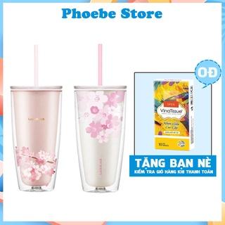 [HỎA TỐC] Ly Nhựa 2 Lớp Lock&Lock Double Wall Cold Cup Cherry Blossom kèm ồng hút 750ml HAP509