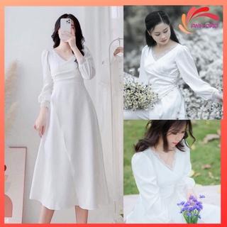 Váy trắng cưới vintage dự tiệc cưới sang trọng đầm maxi đắp chéo tà kết ngọc tay dài cô dâu V00207 full size AĐ BOUTIQUE