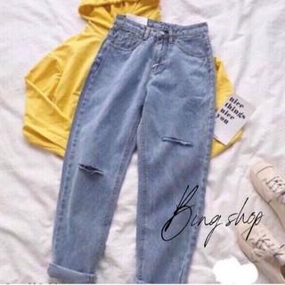 Quần jeans nữ Bingshop - quần baggy bò Unisex rách gối vải dày đẹp đủ size freeship