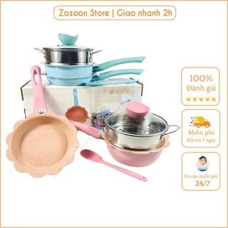 Bộ nồi chảo đá hoa chống dính kích thước 16cm nấu đồ ăn dặm cho bé tặng kèm phới silicon