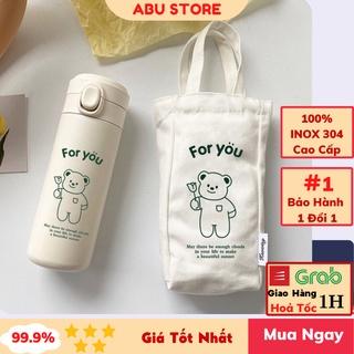 Bình nước giữ nhiệt INOX 304 không gỉ dung tích 450ml và Túi đựng bình giữ nhiệt IN hình chú gấu Ohaya dễ thương