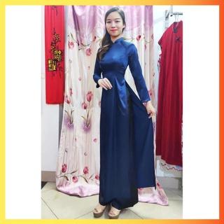 ÁO DÀI TRUYỀN THỐNG PHI BÓNG PHƯỚC THỊNH MÀU XANH DƯƠNG, ÁO DÀI TRƠN CỔ TRỤ