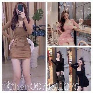 Váy body - Đầm body nữ dài tay cổ vuông nhún sườn chất đẹp ơi