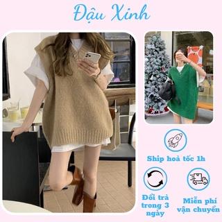 Áo gile nữ dáng dài rộng hàn quốc áo len không tay cổ v màu nây tây màu xanh noel -009