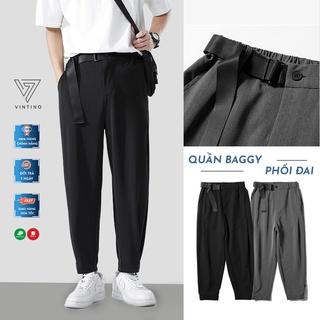 Quần âu baggy nam cạp chun kèm đai thắt lưng suông đen hàn quốc, quần âu jogger nam vải co giãn VINTINO QDG