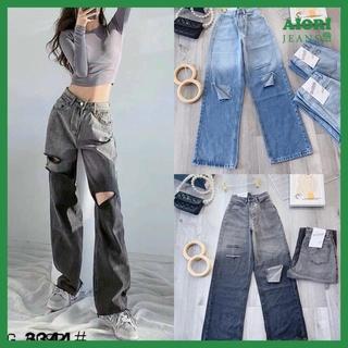 Quần Jean Nữ Aiori Fashion Ống Rộng Lưng Cao Trơn Rách Gối Loang Màu Bò Suông Cạp Cao Thời Trang Hàn Quốc Ulzzang_3325