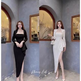 Đầm dự tiệc tà lệch tay dài che báp tay to, Váy phù dâu sang chảnh DG 4546