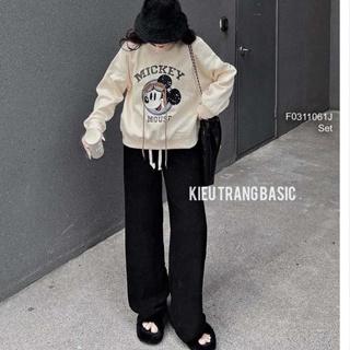 Set áo nỉ Micky tay dài cổ tròn+ quần đen suông dài tôn dáng!