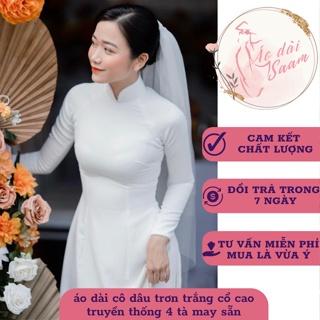 Áo dài cô dâu trơn màu trắng kiêu dáng truyền thống 4 tà may sẵn giá rẻ mặc đám ăn hỏi chất liệu lụa saam